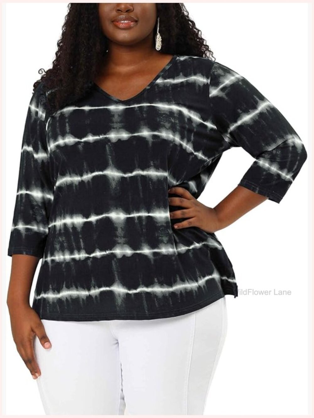 Plus Size V Neck 3/4 Sleeve Striped Tie Dye Blouse